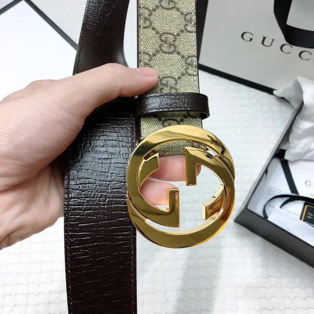 Gucci Interlocking G Correa Beige Marrón Dorado Cinturón de Cuero 7