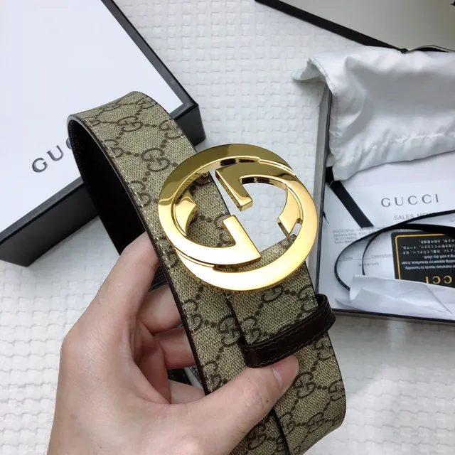 Gucci Interlocking G Correa Beige Marrón Dorado Cinturón de Cuero 8