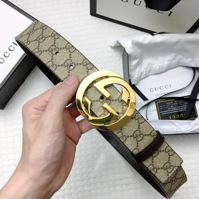 Gucci Interlocking G Correa Beige Marrón Dorado Cinturón de Cuero 9