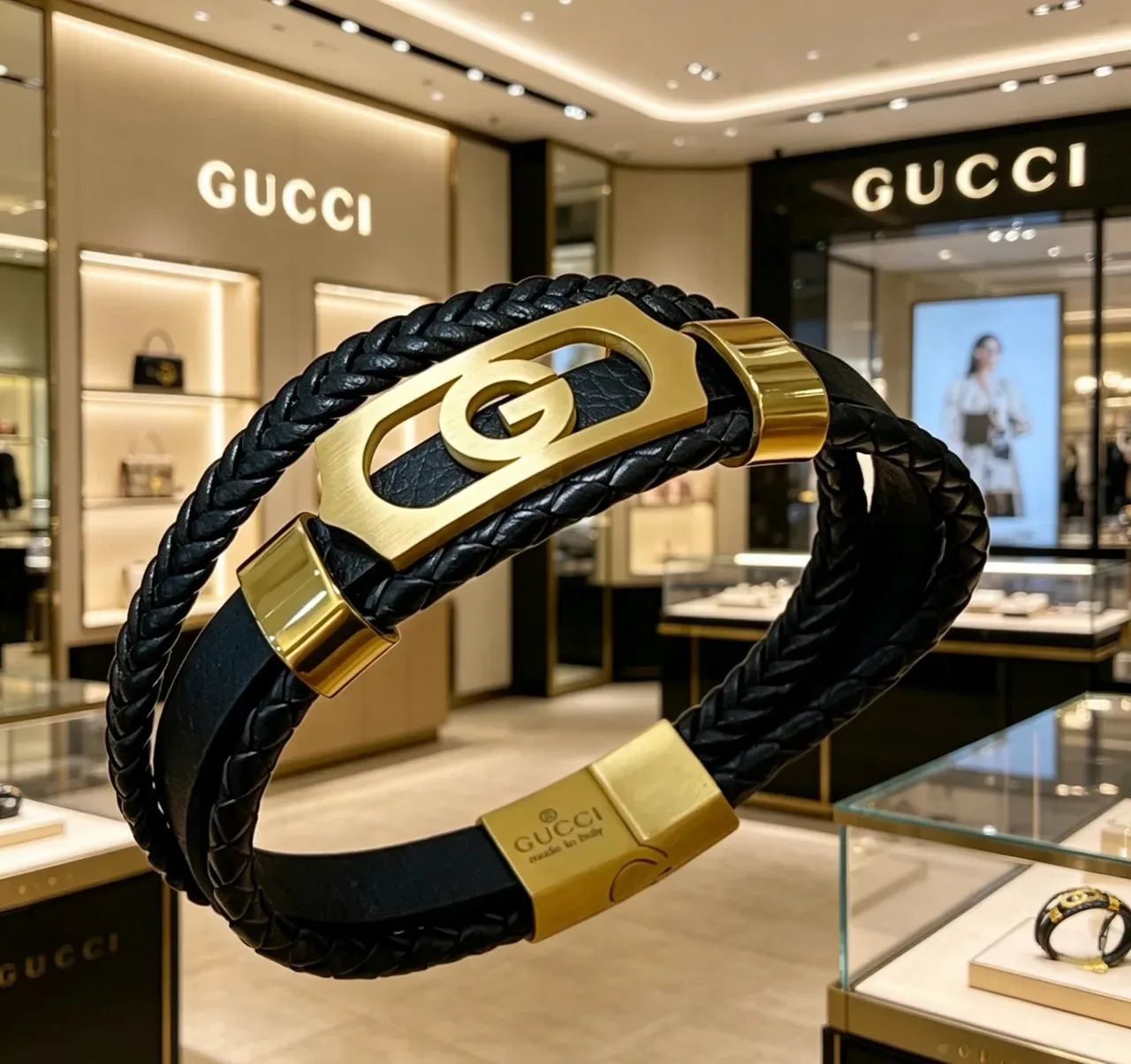 Gucci Interlocking G Braided Leather Gold-Tone Bracelet 4