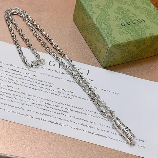 Gucci Interlocking G Cylindrical Pendant Silver Chain Necklace 5