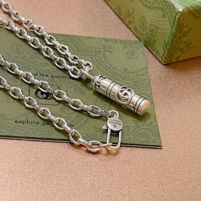 Gucci Interlocking G Cylindrical Pendant Silver Chain Necklace 8