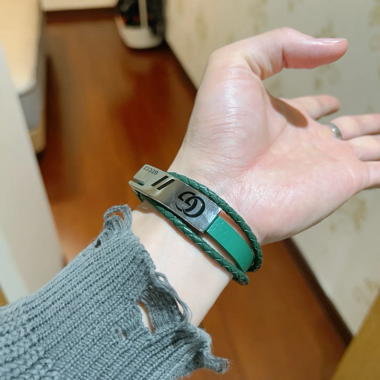 Gucci Interlocking GG Green Braided Leather Bracelet 2