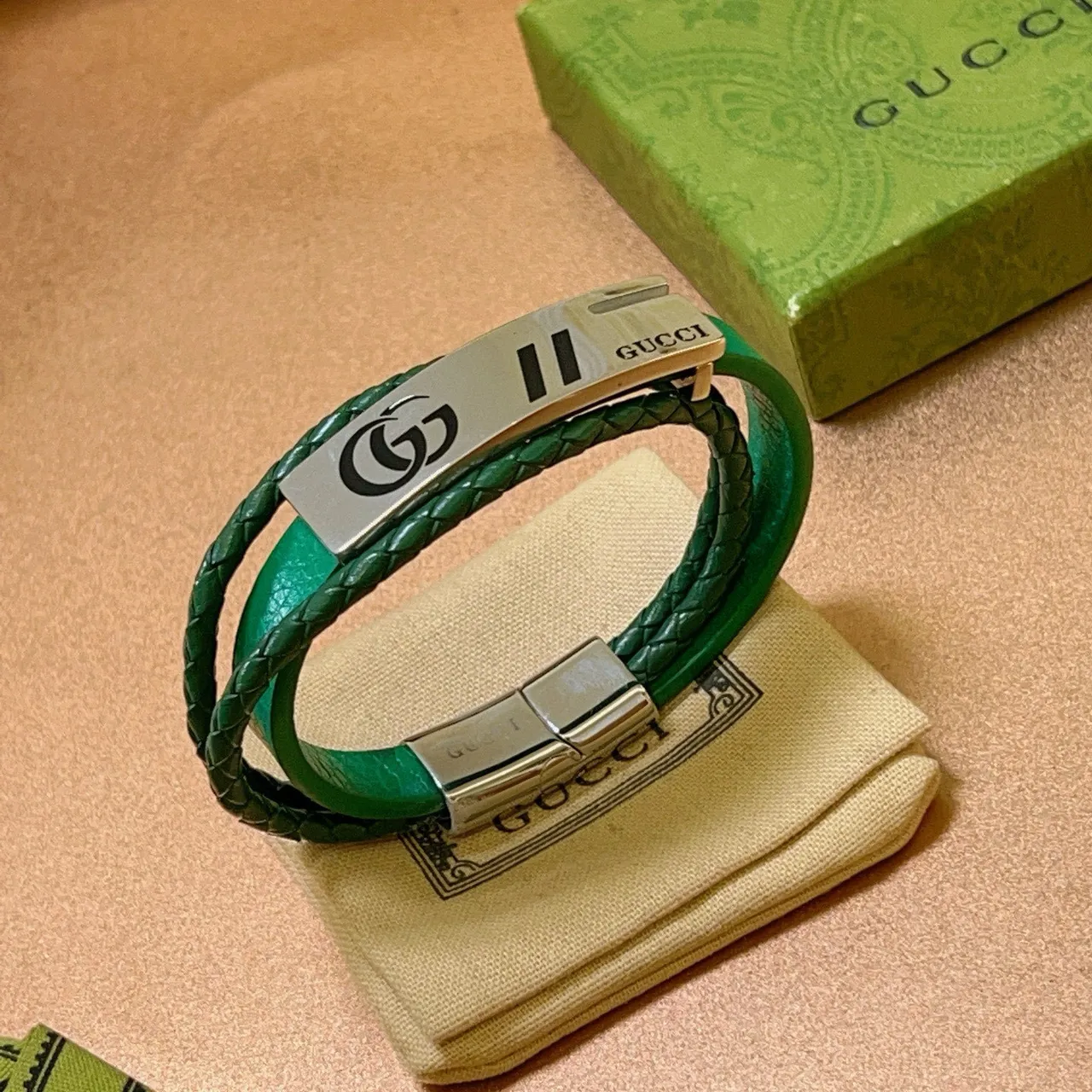 Gucci Interlocking GG Green Braided Leather Bracelet 9