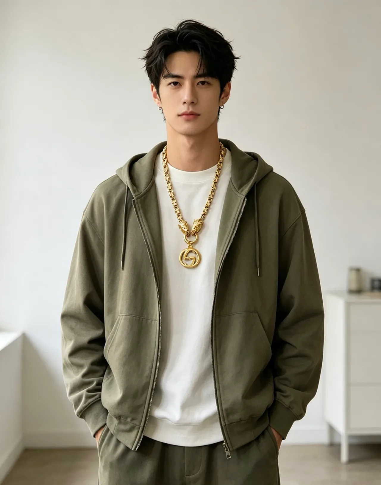 Gucci 狮头金链条相交G吊坠项链 3