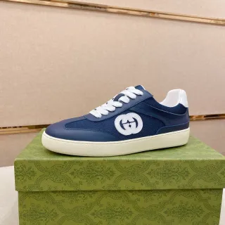 Gucci Navy White Blue Piel y malla superior Interlocking GG Logo Patch Lifestyle Sneakers
