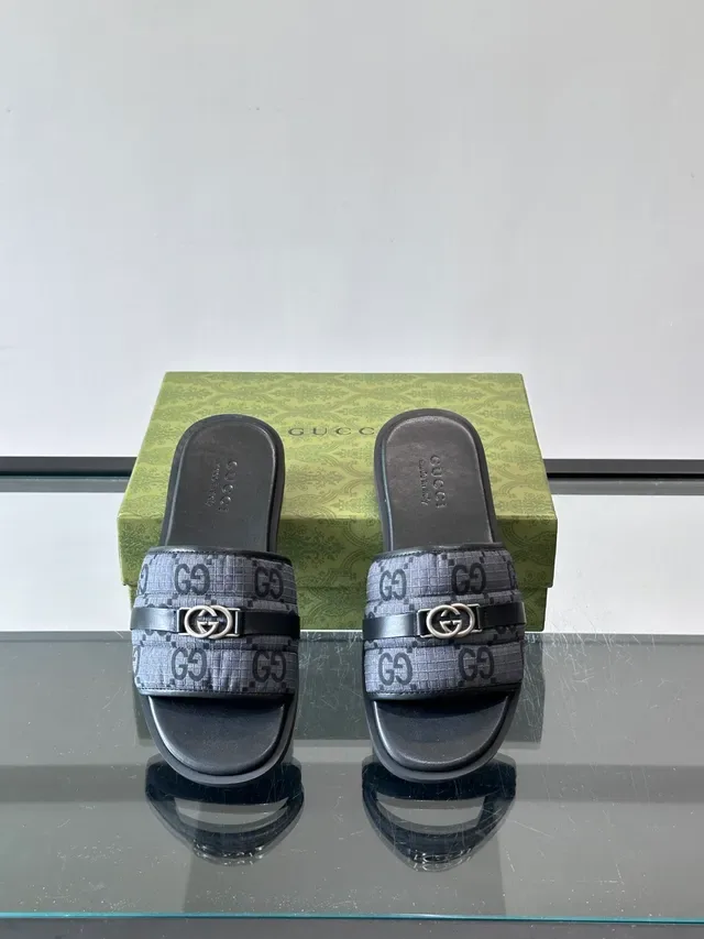Gucci Navy White Monogram Canvas Metal Horsebit Buckle Slippers 2