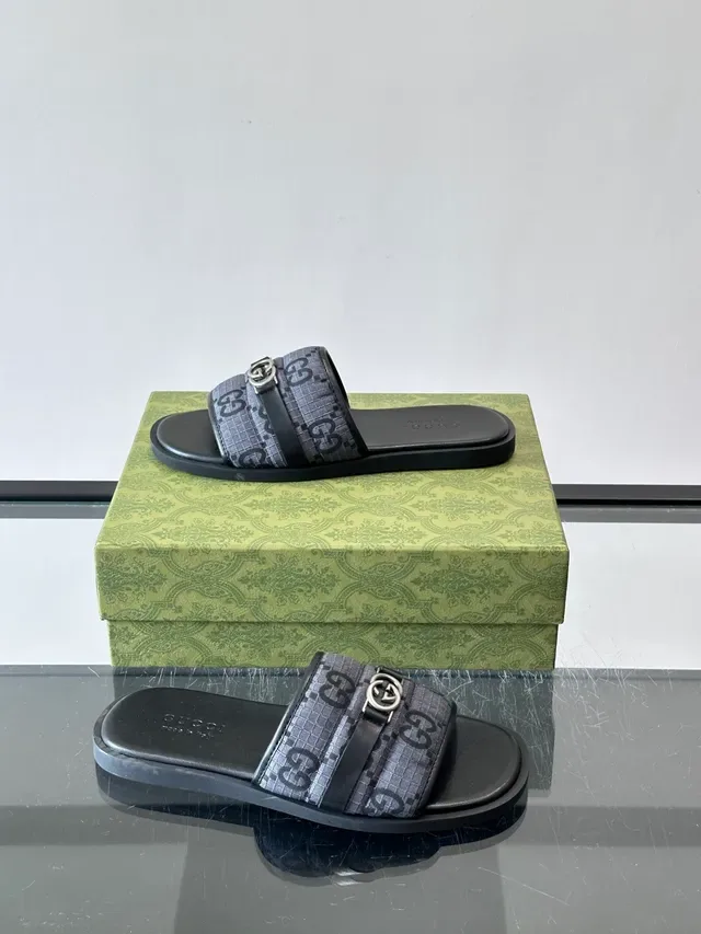 Gucci Navy White Monogram Canvas Metal Horsebit Buckle Slippers 3