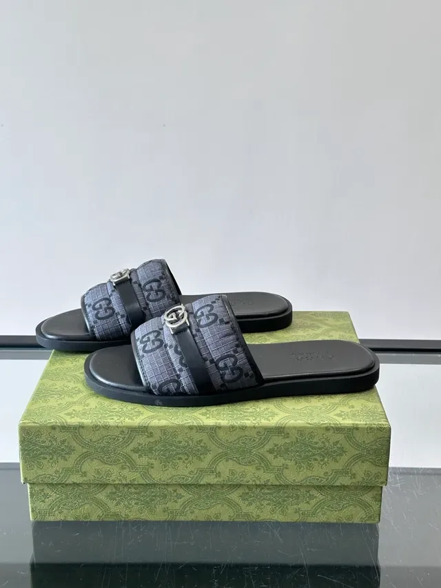Gucci Navy White Monogram Canvas Metal Horsebit Buckle Slippers 4