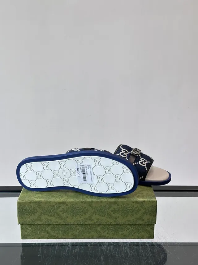 Gucci Navy White Monogram Canvas Metal Horsebit Buckle Slippers 5