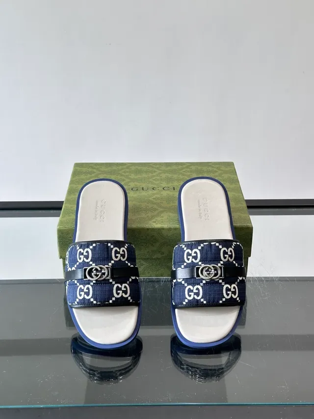 Gucci Navy White Monogram Canvas Metal Horsebit Buckle Slippers 6