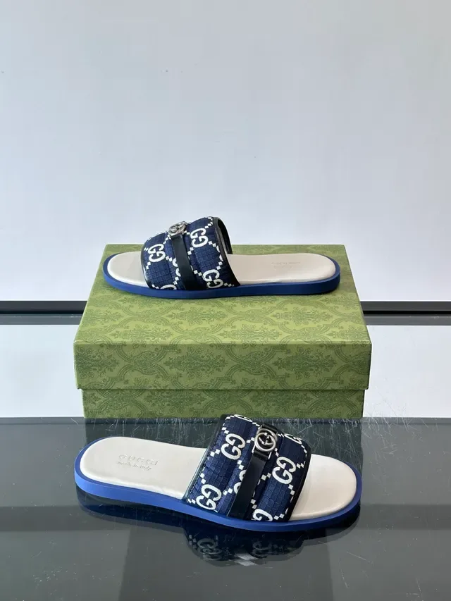 Gucci Navy White Monogram Canvas Metal Horsebit Buckle Slippers 7