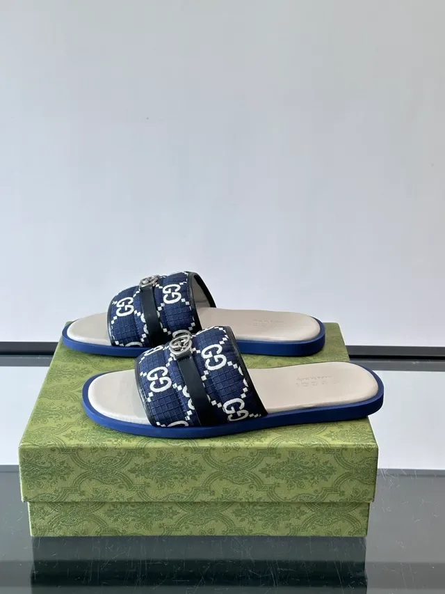 Gucci Navy White Monogram Canvas Metal Horsebit Buckle Slippers 8