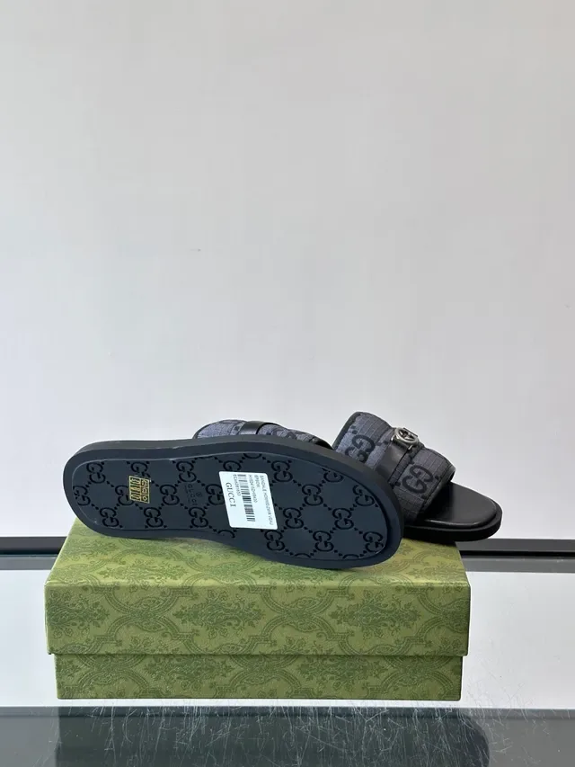 Gucci Navy White Monogram Canvas Metal Horsebit Buckle Slippers 9