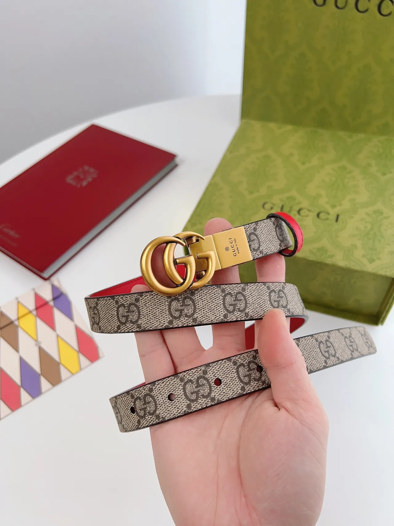 Gucci Ophidia GG Supreme Canvas and Red Leather Belt 2