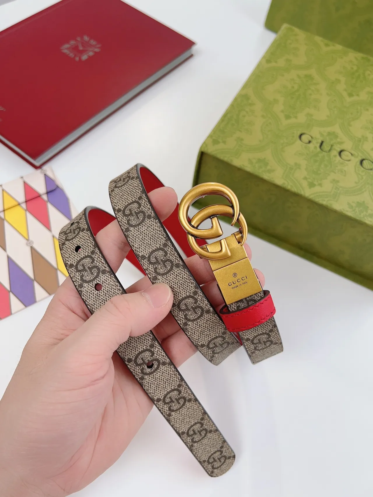 Gucci Ophidia GG Supreme Canvas and Red Leather Belt 4