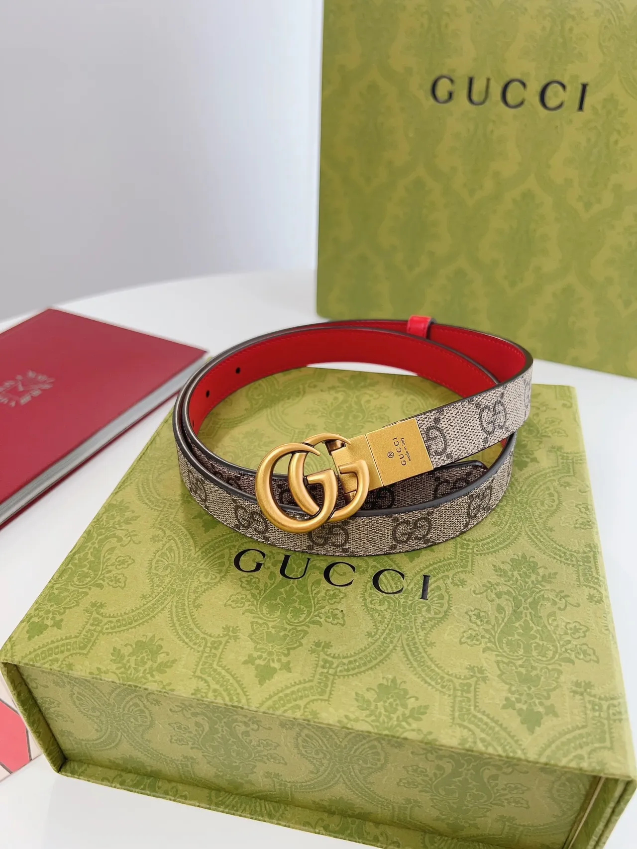 Gucci Ophidia GG Supreme Canvas and Red Leather Belt 5