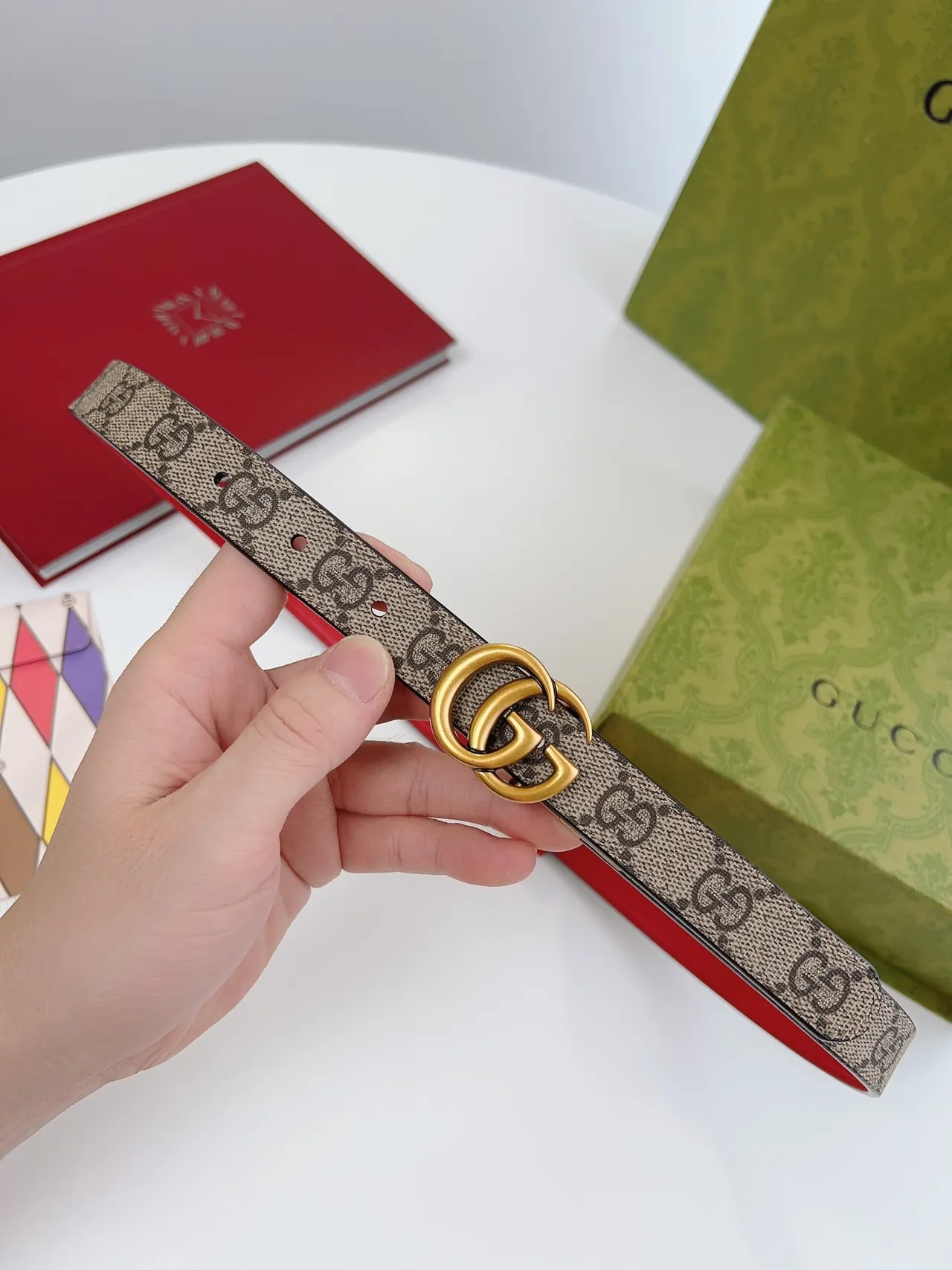 Gucci Ophidia GG Supreme Canvas and Red Leather Belt 9