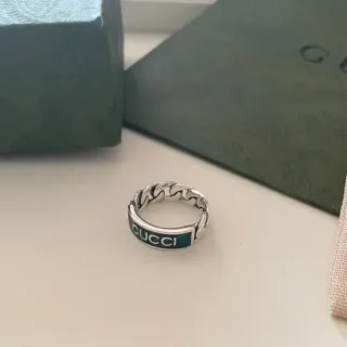 Gucci Ophidia 绿色银色链条纹带珐琅镶嵌戒指