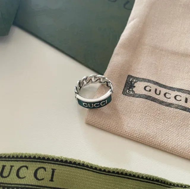 Gucci Ophidia Green Silver Chain-Link Band Enamel Inlay Ring 4