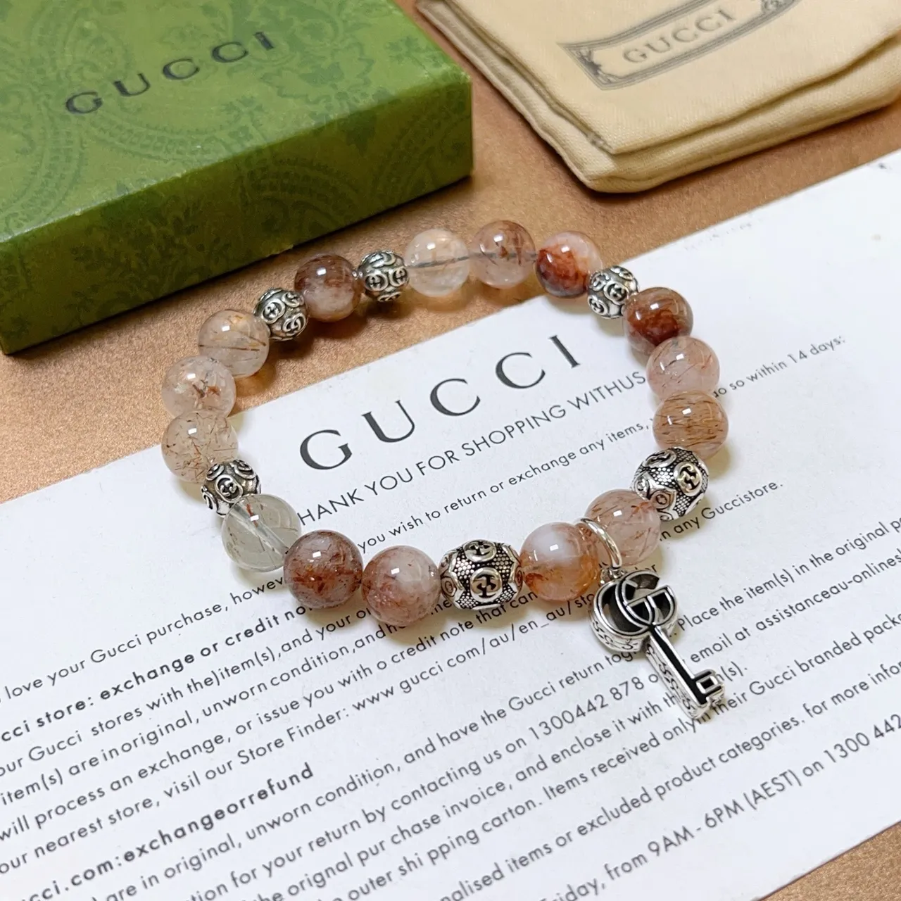Gucci Rutilated Quartz and Silver-Tone Key Charm Stretch Bracelet 6