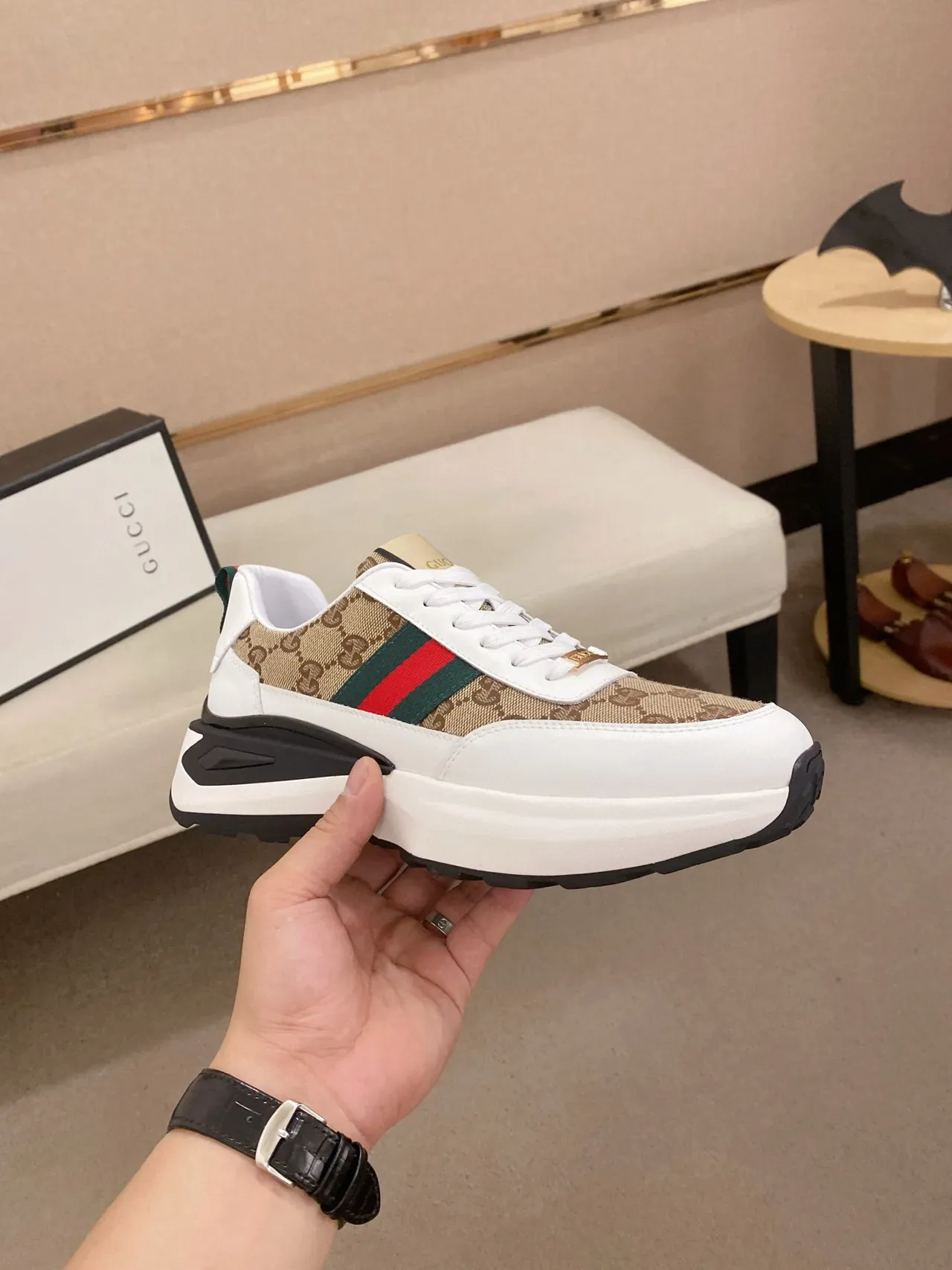 Gucci Screener Beige and White GG Monogram Web Stripe Lifestyle Sneakers 4