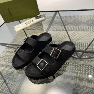 古驰 Screener 黑色 GG Monogram Canvas Buckle 拖鞋