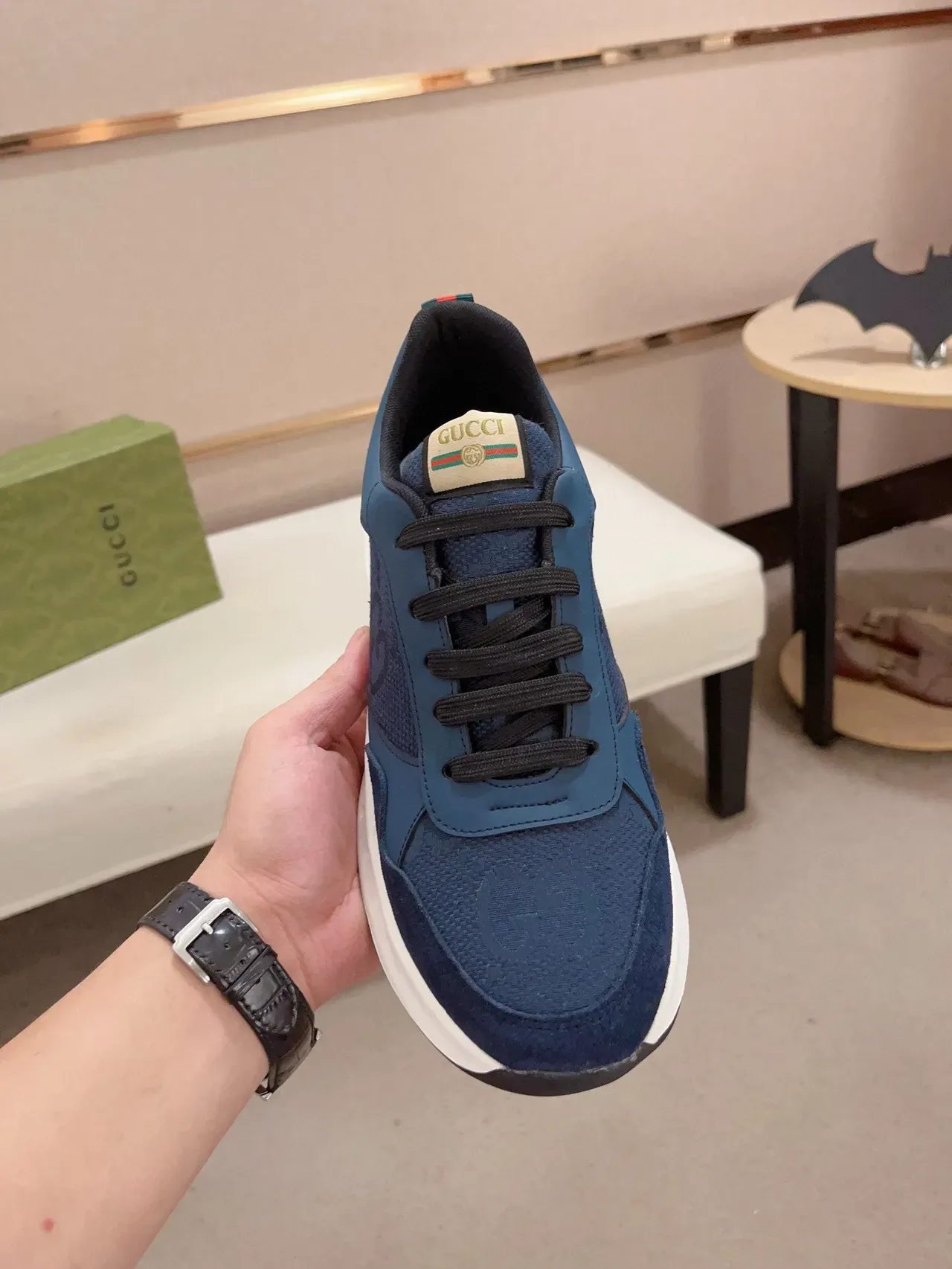 Gucci Screener Navy Blue Suede Mesh White Midsole Chunky Sneakers 2