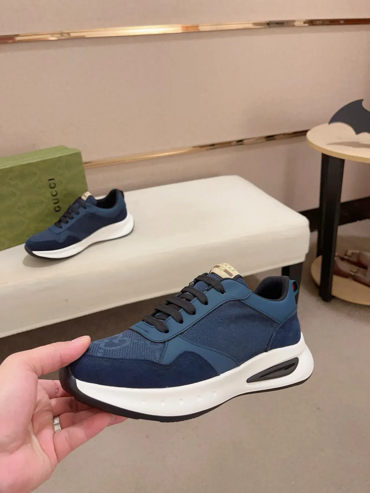 Gucci Screener Navy Blue Suede Mesh White Midsole Chunky Sneakers 3