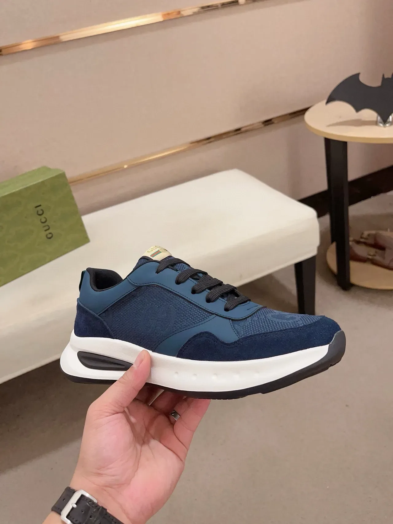 Gucci Screener Navy Blue Suede Mesh White Midsole Chunky Sneakers 4