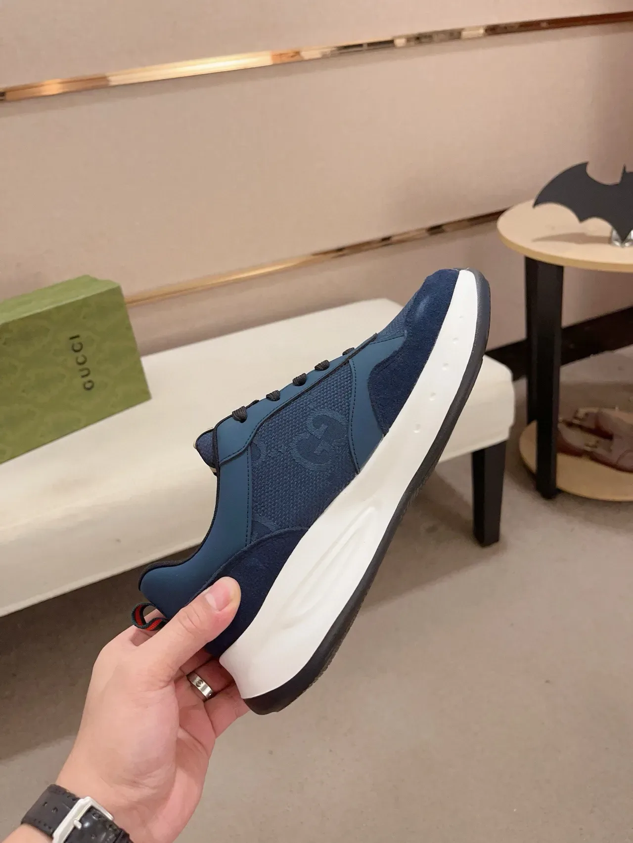 Gucci Screener Navy Blue Suede Mesh White Midsole Chunky Sneakers 5