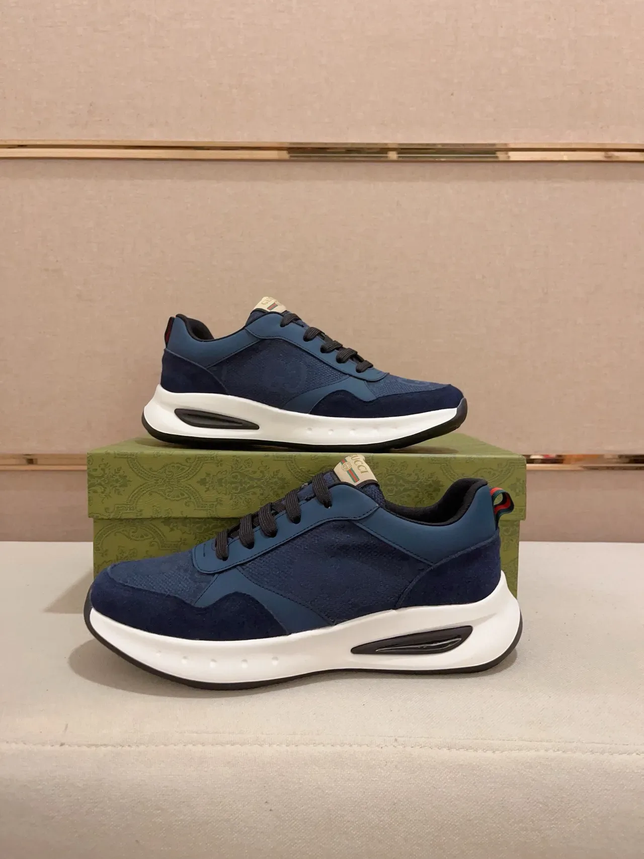 Gucci Screener Navy Blue Suede Mesh White Midsole Chunky Sneakers 7