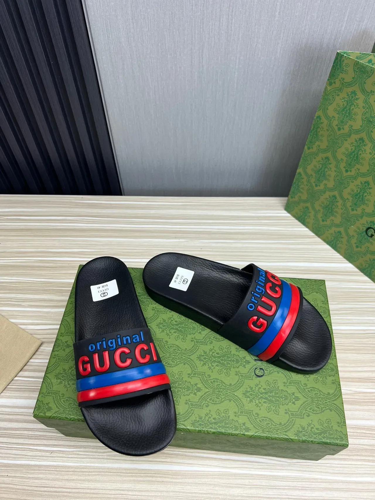 Gucci Screener Original Black Red Blue Slippers 7