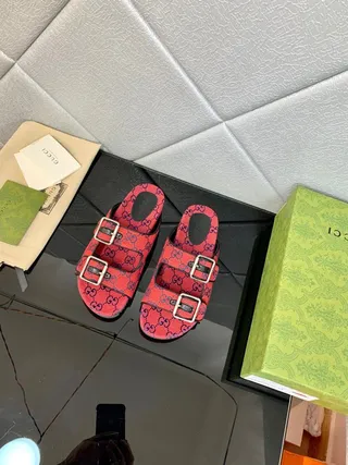 Gucci Screener Red and Navy GG Monogram Slippers 4
