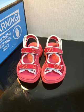 Gucci Screener Red Velvet and Pink Platform Gladiator Sandals 7