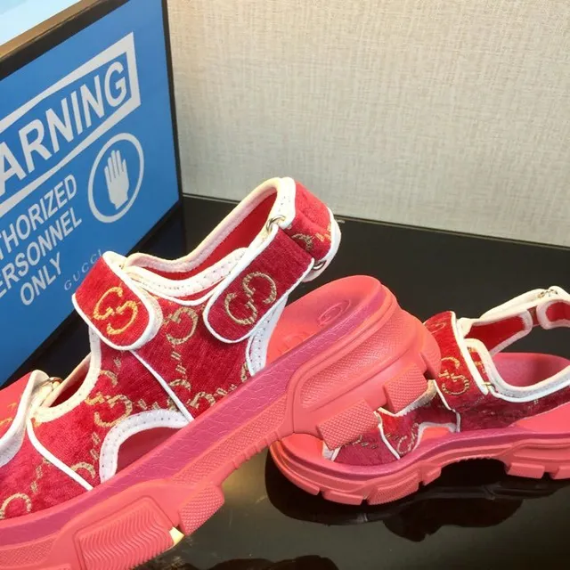 Gucci Screener Red Velvet and Pink Platform Gladiator Sandals 9