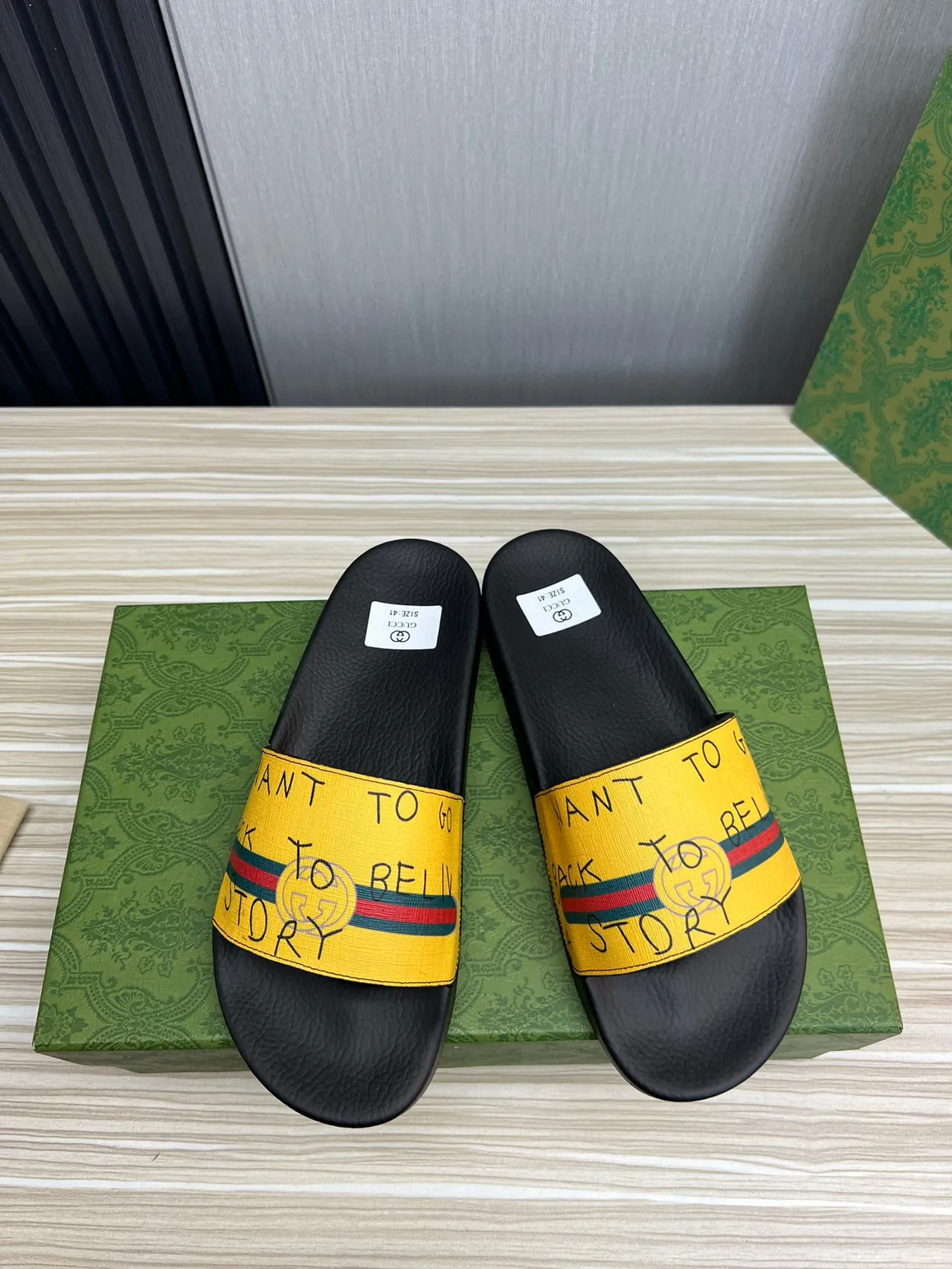 Gucci Screener Yellow Web Strap Slippers 9