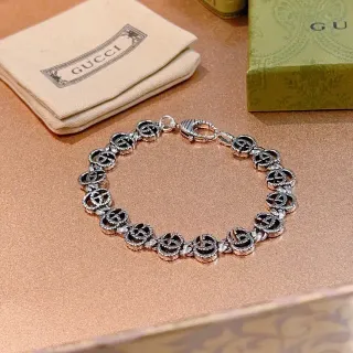 Gucci فضي أسود Interlocking Double-G Links Rope-Edge Detailing سوار