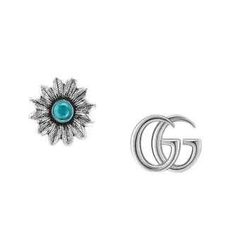 Gucci أقراط فضية زرقاء Interlocking Double G Logo نمط زهوري