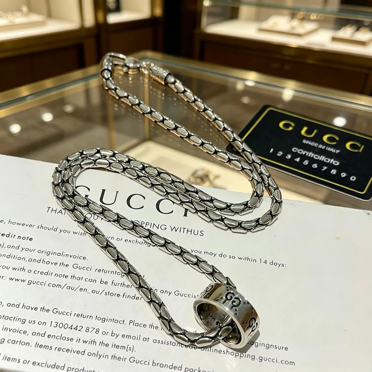 Collier Gucci Chaîne Tressée Maillons Ovales Pendentif Anneau Intégré en Argent 6