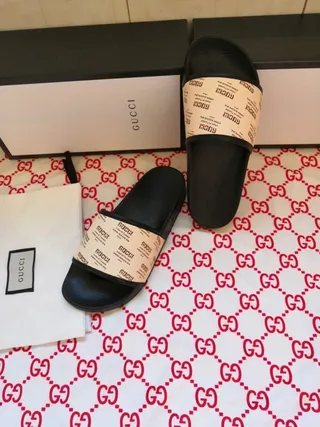 Gucci Slide Black and Beige Logo Strap Slippers 2
