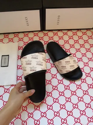 Gucci Slide Black and Beige Logo Strap Slippers 5