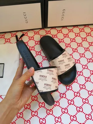 Gucci Slide Black and Beige Logo Strap Slippers 6