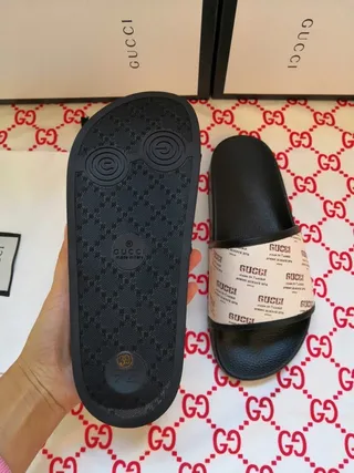 Gucci Slide Black and Beige Logo Strap Slippers 7