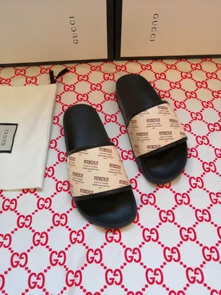 Gucci Slide Black and Beige Logo Strap Slippers 8