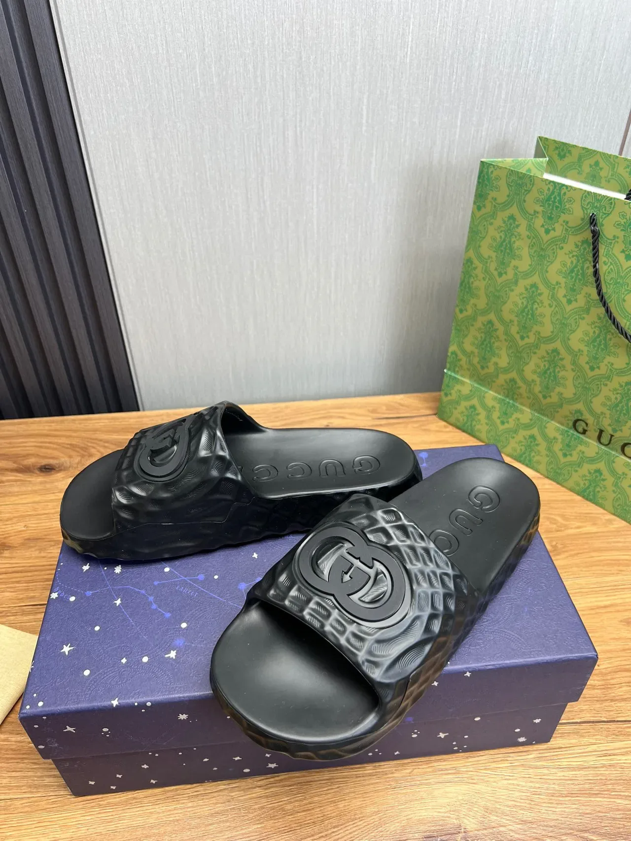 Gucci Slide Black Molded Rubber Textured Strap Slippers 3