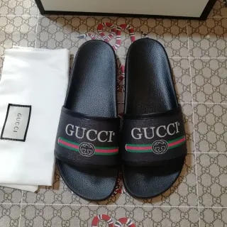 Gucci 黑色红色绿色网状鞋带拖鞋