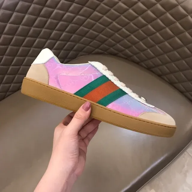 Gucci Tennis 1977 tênis lifestyle com listras web em rosa iridescente 6
