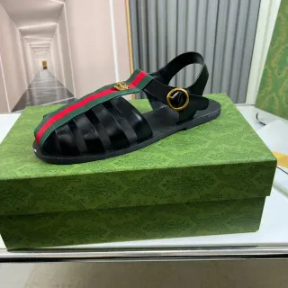 Gucci Web Black Green Stripe Strap Gold Bee Emblem Gladiator Sandals