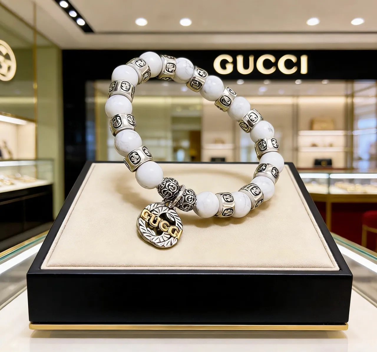 Gucci White Silver Beaded Marble-Effect Bracelet 3